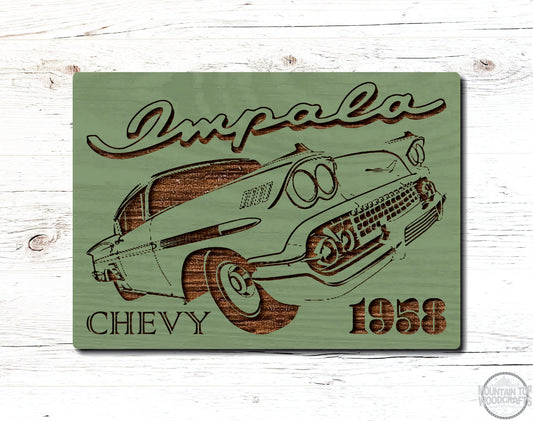 1958 Chevrolet Impala Automobile Car Wooden Sign Plaque Laser Engraved Vehicle Wall Art