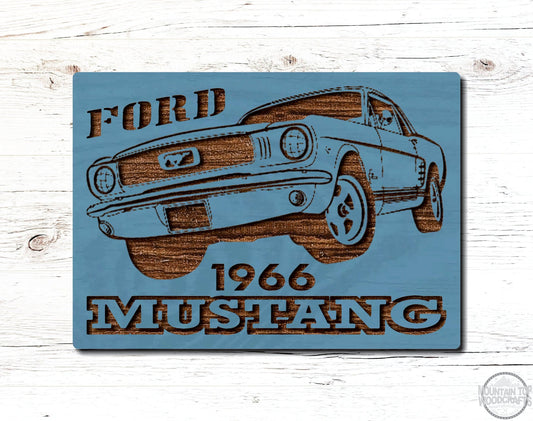 1966 Ford Mustang Wooden Sign Plaque Laser Engraved Vehicle Wall Art