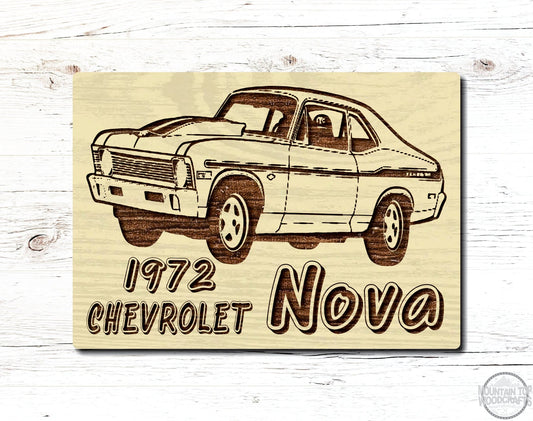 1972 Chevrolet Nova Chevy Wooden Sign Plaque Laser Engraved Vehicle Wall Art