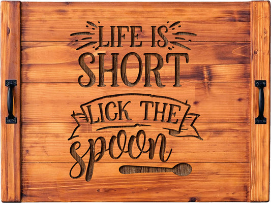 Life Is Short Lick The Spoon Wood Engraved Noodle Board - Stove Cover - Sink Cover - With Handles - Gas or Electric Stove