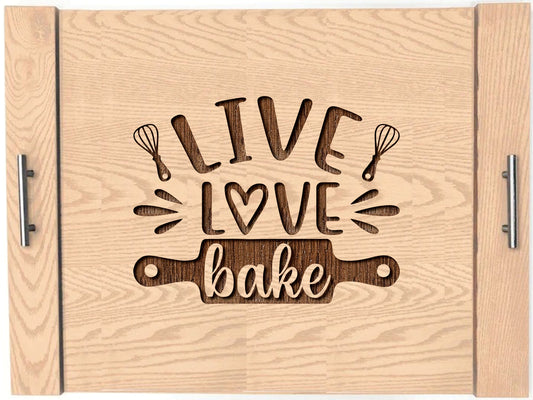 Live Love Bake Wood Engraved Noodle Board - Stove Cover - Sink Cover - With Handles - Gas or Electric Stove