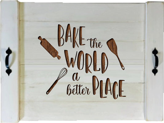 Bake The World A Better Place Wood Engraved Noodle Board - Stove Cover - Sink Cover - With Handles - Gas or Electric Stove