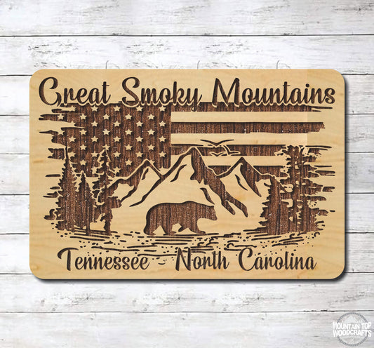 USA Flag Great Smoky Mountains ~ Laser Engraved Sign Wood Wall Art