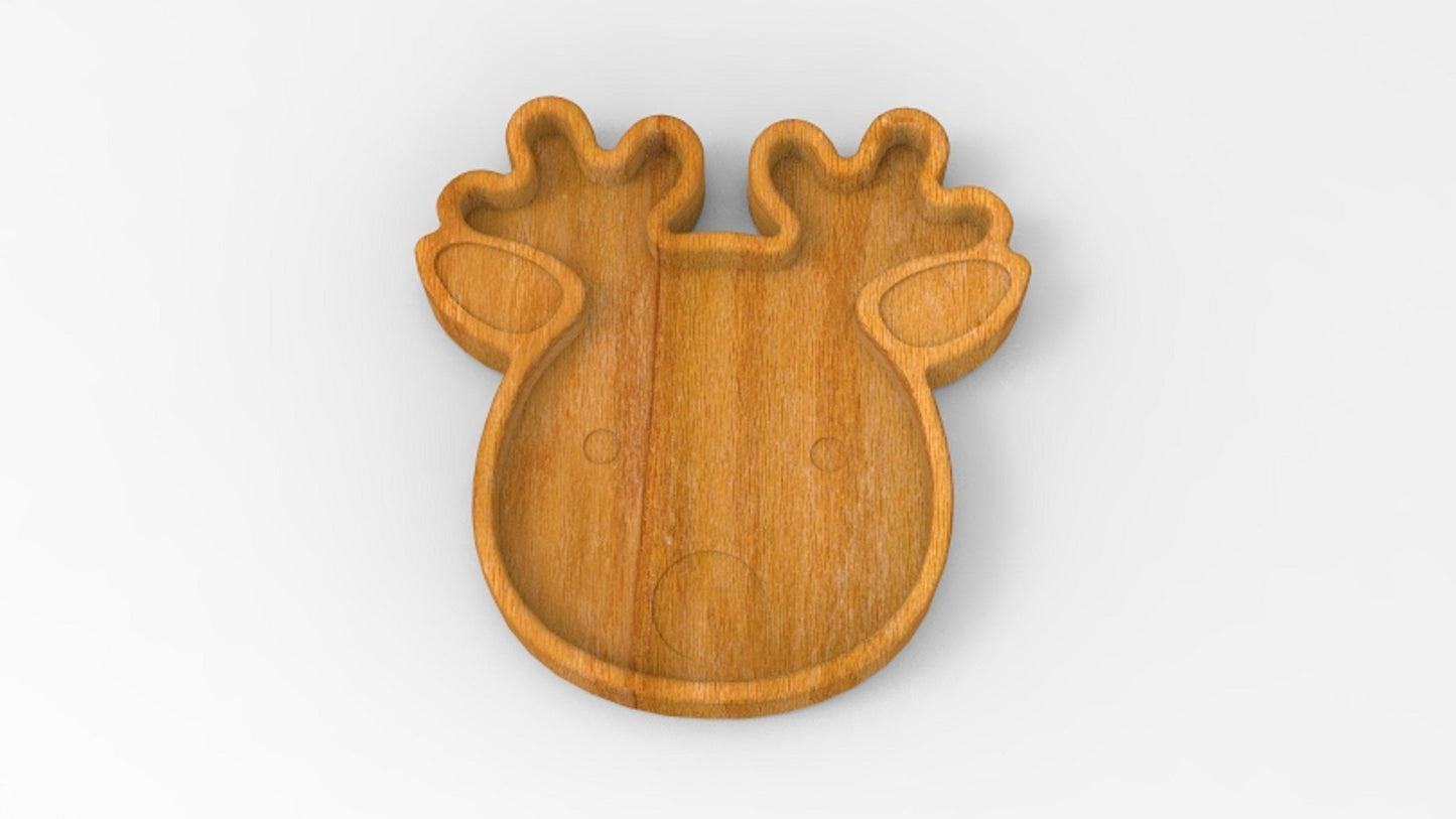 Reindeer Christmas Wood Kid Plate - Dinner Plate - Wooden Serving Dish
