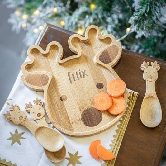 Reindeer Christmas Wood Kid Plate - Dinner Plate - Wooden Serving Dish