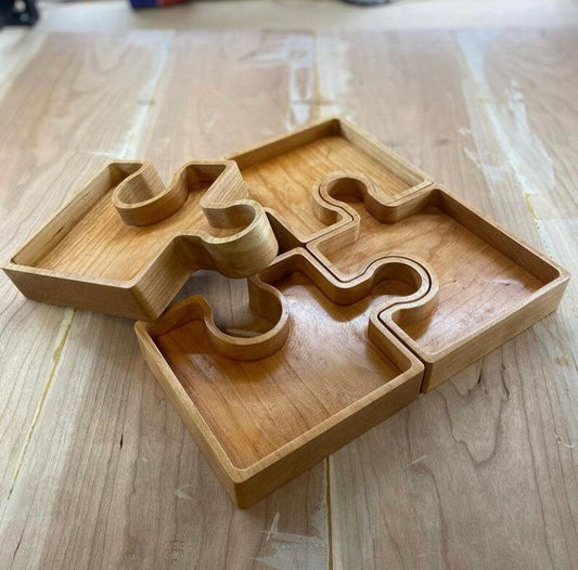 Puzzle Piece Wood Serving Tray - 4 Piece - Charcuterie Board - Cheese Board - Chip & Dip - Divided Bowl - Serving Tray Platter