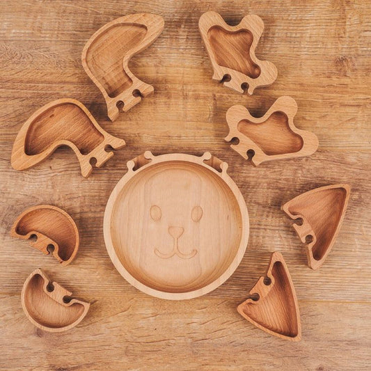 Animal Wood Kid Plate - Interchangeable Ears - Cat Bear Bunny Deer Dinner Plate - Wooden Serving Dish