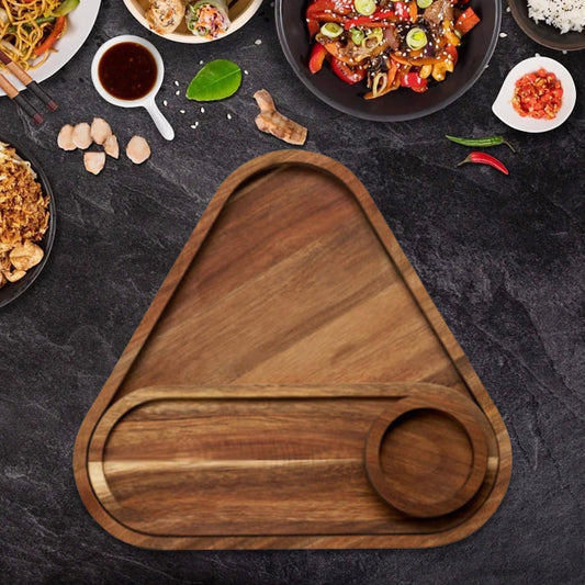 Triangle Wooden Serving Tray - 3 Piece - Cheese Board - Chip & Dip - Divided Bowl - Wooden Platter
