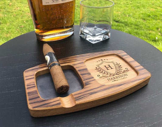Whiskey & Cigar Wooden Tray - Square Ashtray - Coaster Drink Holder - Wooden Platter