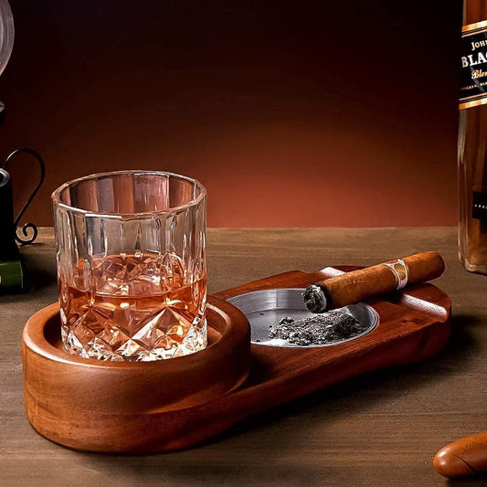 Whiskey & Cigar Wooden Tray - Round Ashtray - Coaster Drink Holder - Wooden Platter