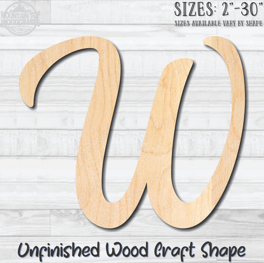 Script Letter W Fancy Unfinished Wood Shape Blank Laser Engraved Cutout Woodcraft DIY Craft Supply
