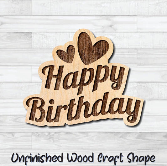 Happy Birthday Heart Wording Badge Unfinished Wood Shape Blank Laser Engraved Cut Out Woodcraft DIY Craft Supply
